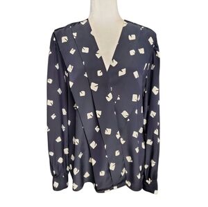 Jones New York Wrap Blouse Womens Size 14 Black Beige Patterned Long Sleeve Top